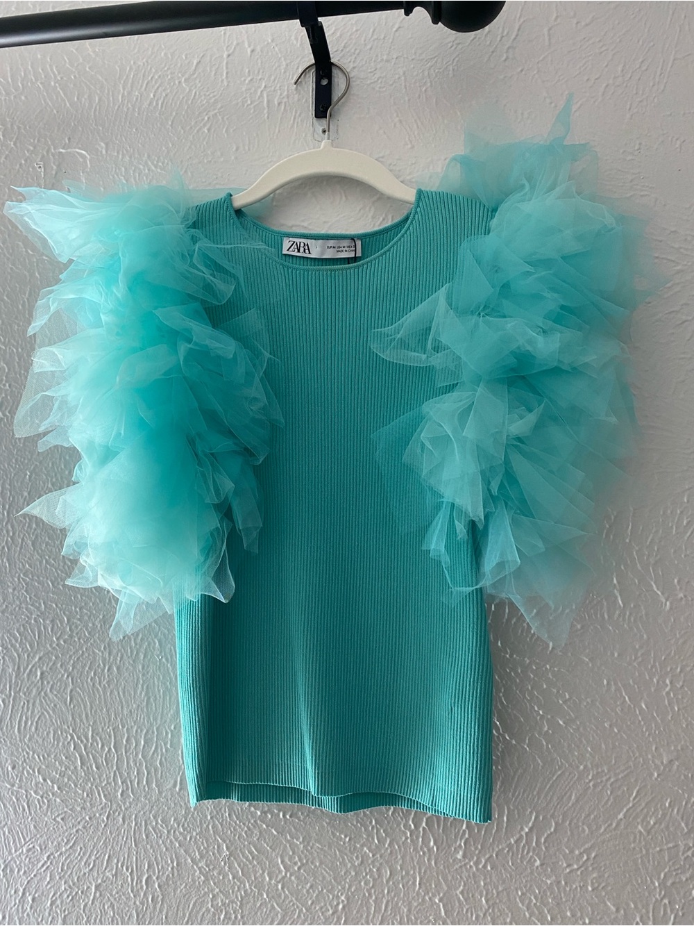 Zara Turquoise Tulle Ruffle Sleeve Tee